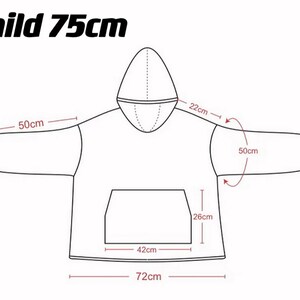 May include: Line drawing of a hooded sweatshirt with measurements in centimeters. The sweatshirt has a kangaroo pocket and a hood with a drawstring.  Child 75cm.