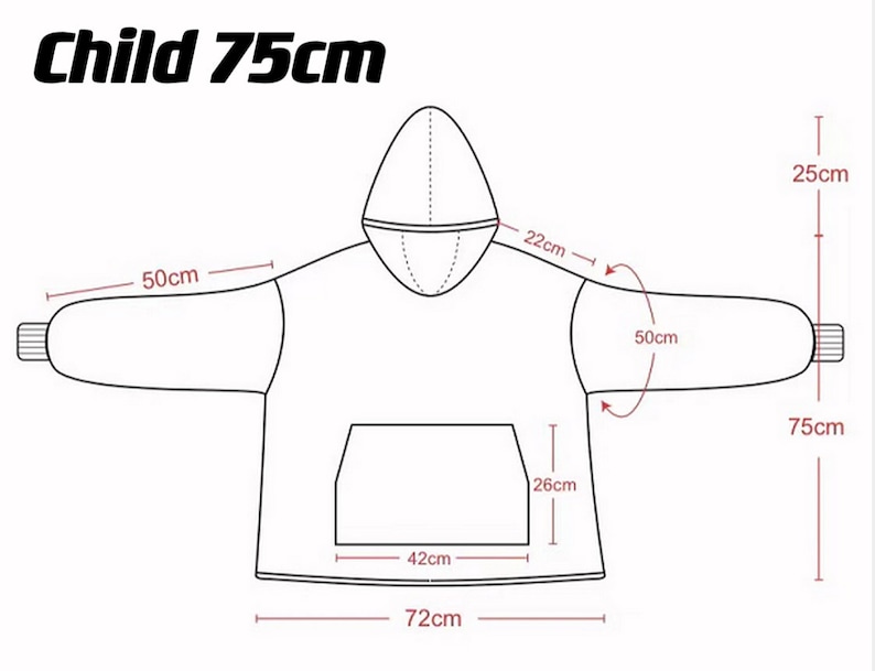 May include: Line drawing of a hooded sweatshirt with measurements in centimeters. The sweatshirt has a kangaroo pocket and a hood with a drawstring.  Child 75cm.