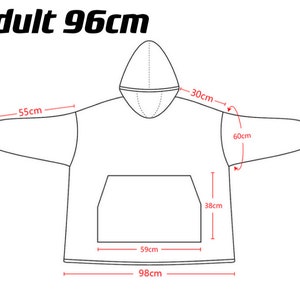 May include: Line drawing of a hooded sweatshirt with measurements in centimeters. The sweatshirt has a large pocket on the front and a hood with a drawstring. The measurements are: 96cm, 60cm, 55cm, 30cm, 38cm, 59cm, and 98cm.