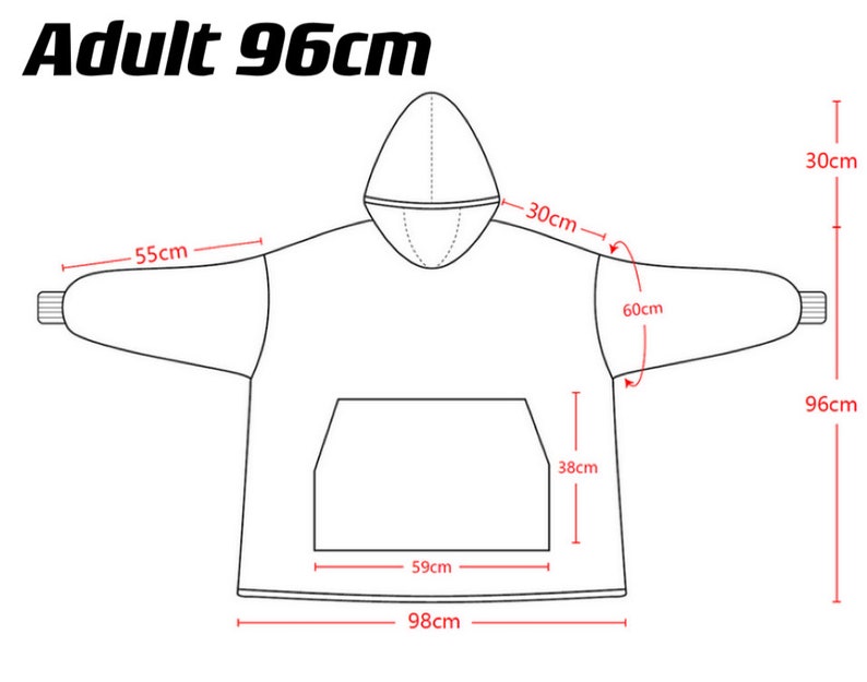 May include: Line drawing of a hooded sweatshirt with measurements in centimeters. The sweatshirt has a large pocket on the front and a hood with a drawstring. The measurements are: 96cm, 60cm, 55cm, 30cm, 38cm, 59cm, and 98cm.
