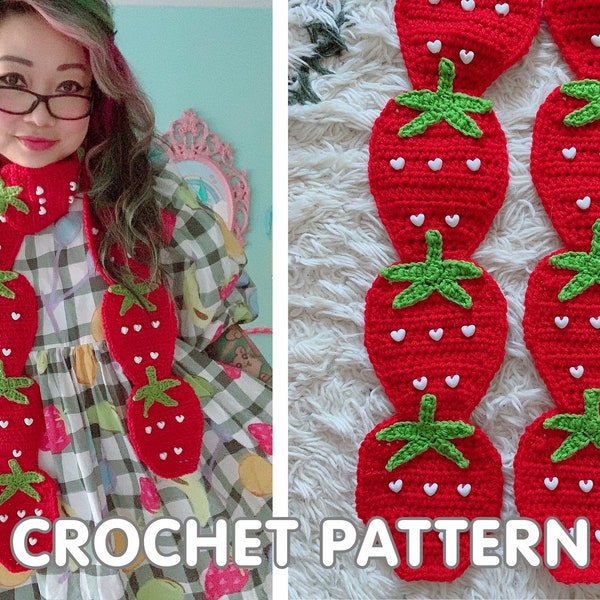 Écharpe aux fraises - Patron au crochet PDF - Twinkie Chan - art portable aux fruits mignons