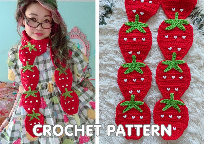 Strawberry Scarf PDF Crochet Pattern Twinkie Chan cute fruit berry wearable art image 1