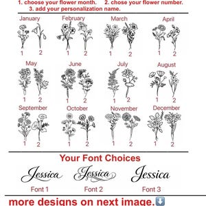 May include: A graphic with floral illustrations for each month, numbered 1 and 2. Includes font choices for personalization. Text reads: "choose your flower month," "choose your flower number," and "add your personalization name."