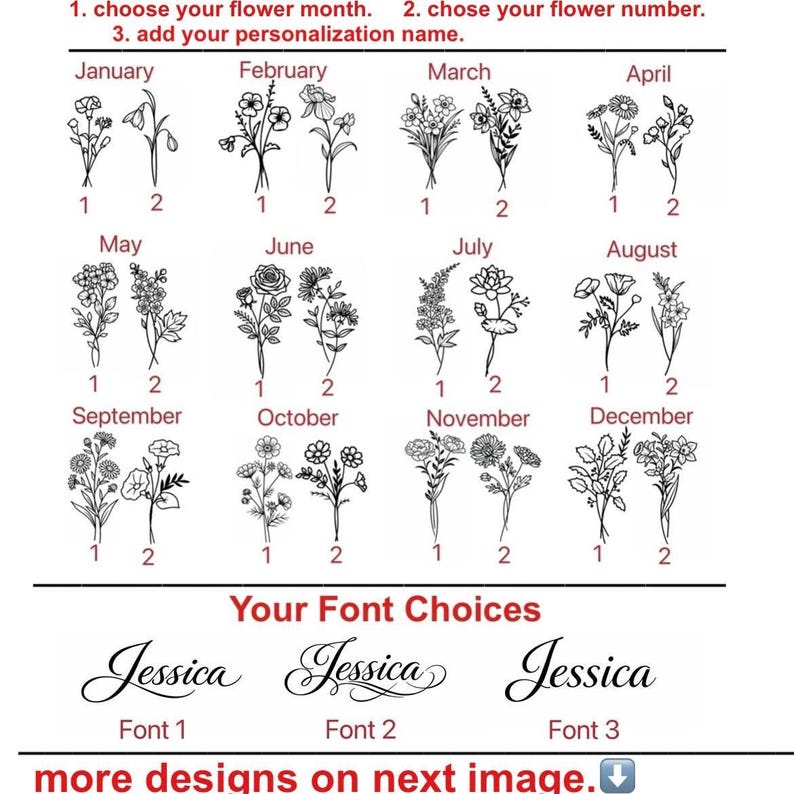 May include: A graphic with floral illustrations for each month, numbered 1 and 2. Includes font choices for personalization. Text reads: "choose your flower month," "choose your flower number," and "add your personalization name."