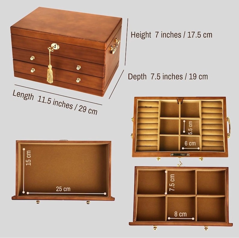 May include: A wooden jewelry box with three drawers, measuring 11.5 inches long, 7 inches high, and 7.5 inches deep. The box has a key and tassel, and the interior features compartments and trays for organizing jewelry.