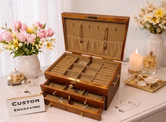 Personalized engraved wooden jewelry box, custom engraved organizer jewelry box with gang lock & key, luxury large wooden jewelry box