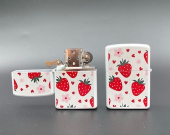 Strawberry Print Flip Lighter, Pink Heart Flower Design