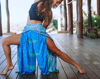Feather Design Open Leg Pants in Blue,100% cotton. 10 ways to wear these comfortable flowy pants. Great for yoga,beach,lounging or festivals
