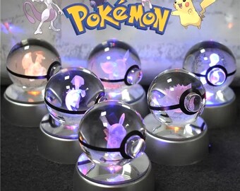 Pokemon Pokeball 3D Crystal Ball Pikachu Charizard Mew Mewtwo Gengar cute Holographic Design Standing Lamp Base LED Lights Glass Ball Decor