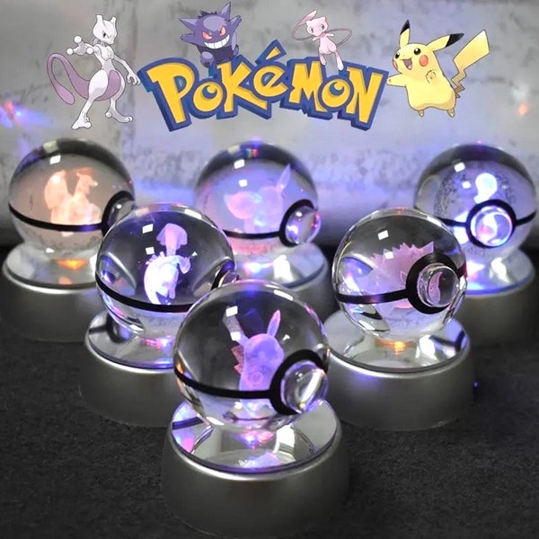 Pokemon Pokeball 3D Crystal Ball Pikachu Charizard Mew Mewtwo Gengar cute Holographic Design Standing Lamp Base LED Lights Glass Ball Decor