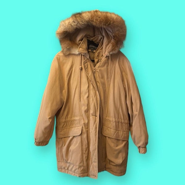 Vintage Tan Winter Coat with Detachable Faux Fur Hood