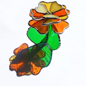 Stained Glass Succulent Sun catcher, Handcrafted 3D Artwork with Green Base & Orange Flower