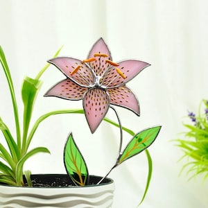 Pink Lily Stained Glass Plant Stake | Handmade Flower Pot Decoration