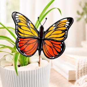 Stained Glass Butterfly Suncatcher in Flowerpot, Handmade Plant Stake
