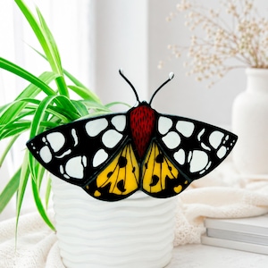 Stained Glass Tiger Moth Pot Sitter, Black White Wing Decor, Whimsical Garden Gift