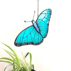 Stained Glass Butterfly Sun catcher, Blue Window Hanging, Handmade Decor
