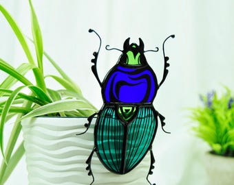 Stained Glass Scarab Beetle Suncatcher, Colorful Home Plants Decor