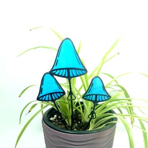 Handmade Stained Glass Mushroom Plant Stakes, Blue Window Decor