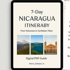 Puede incluir: Una tableta muestra una guía PDF digital titulada "Itinerario de 7 días por Nicaragua". La guía presenta imágenes de paisajes y edificios, con el texto "De volcanes a vibraciones caribeñas". Papeles sueltos detallan un plan diario.