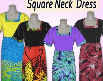 Custom Made -Square Neck Dress with piping -Hawaiian, Samoan, Polynesian Print