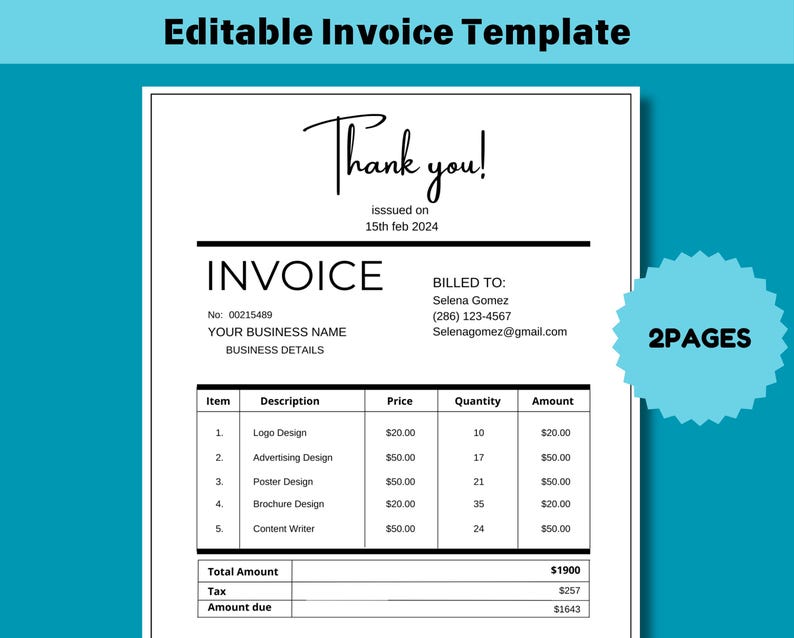 Invoice Editable Template Small Business Invoice Business Invoice for ...