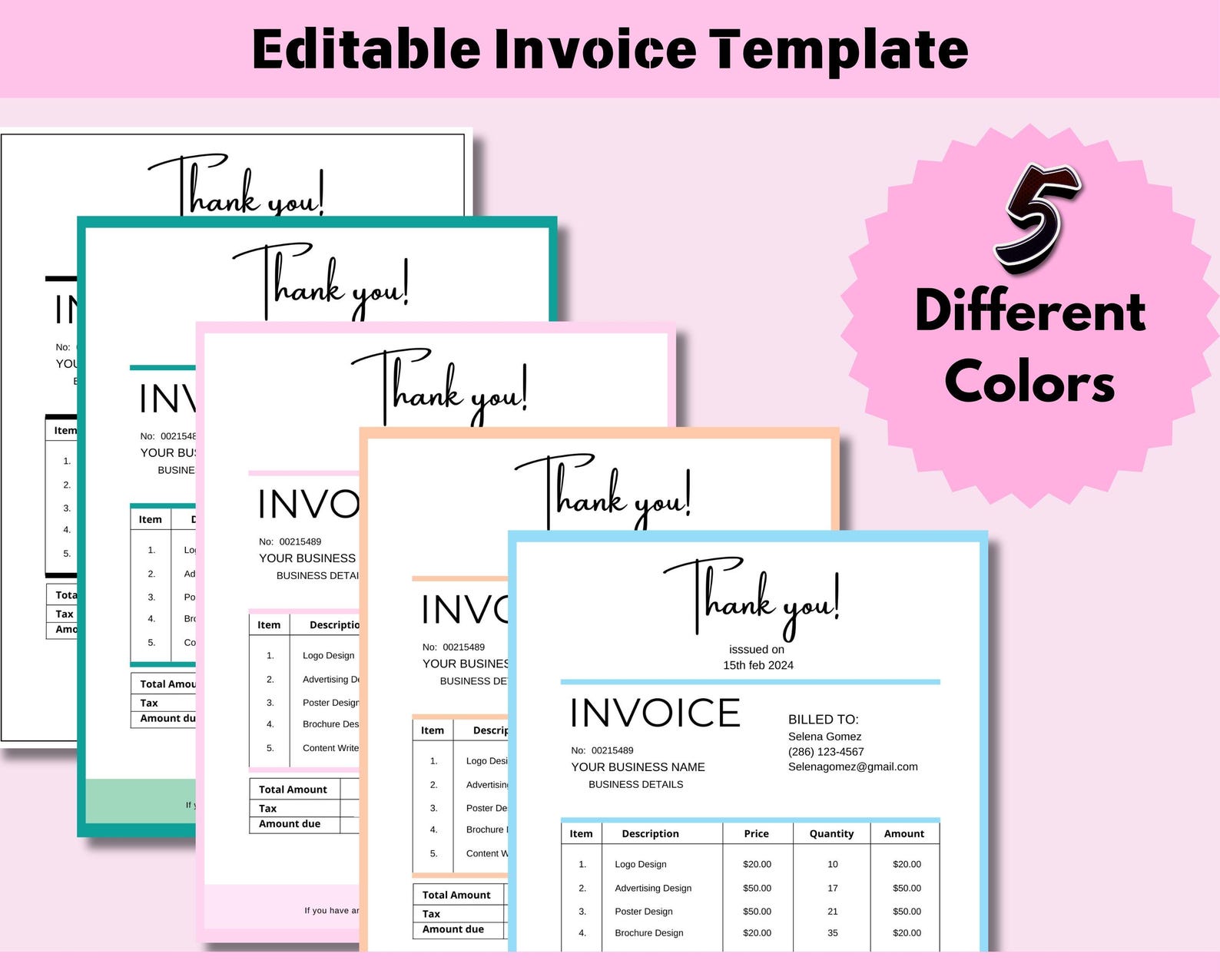 Invoice Editable Template, Printable Order Form Invoice, 5 Premade ...
