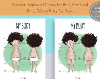 May include: Two educational posters titled "MY BODY" with illustrations of a boy, front and back, labeling body parts. The posters include the text "Correct Anatomical Names for Body Parts and Body Safety Rules for Boys". A digital download is available.
