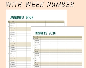Puede incluir: Un planificador familiar mensual para 2026 con números de semana. La imagen muestra los calendarios de enero y febrero de 2026, cada uno con fechas, días de la semana y espacio para notas. El texto "2026 Family Monthly Planner With Week Number" está en la parte superior.