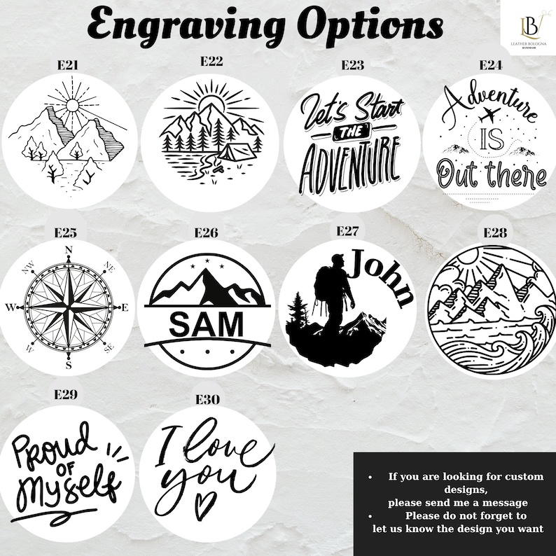May include: A selection of engraving options on white circular backgrounds. Designs include mountain ranges, compass, text like "Let's Start the Adventure", and personalized text. The image also includes text about custom designs.