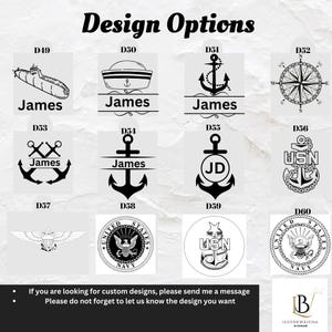 Puede incluir: Un gr&aacute;fico con 10 opciones de dise&ntilde;o diferentes para una cartera de cuero. Los dise&ntilde;os incluyen un submarino, un sombrero de marinero, un ancla, una br&uacute;jula, una cruz, un ancla de la Marina de los Estados Unidos, un sello de la Marina de los Estados Unidos y un &aacute;guila de la Marina de los Estados Unidos. Los dise&ntilde;os est&aacute;n etiquetados con los n&uacute;meros D49 a D60.