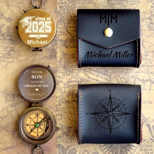 May include: A collection of personalized compasses and wallets. One compass is engraved with "Class of 2025" and the name "Michael". Another compass reads "To Our Son, We're So Proud of You". The wallets are black leather with custom engravings.