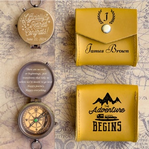 May include: A gold compass with a black inscription that reads "Officially Retired Congrats! June 22, 2024". The compass is open and the inside reads "There are no ends or beginnings, just transitions that take us where we're meant to go next. Happy journey, Happy everything."