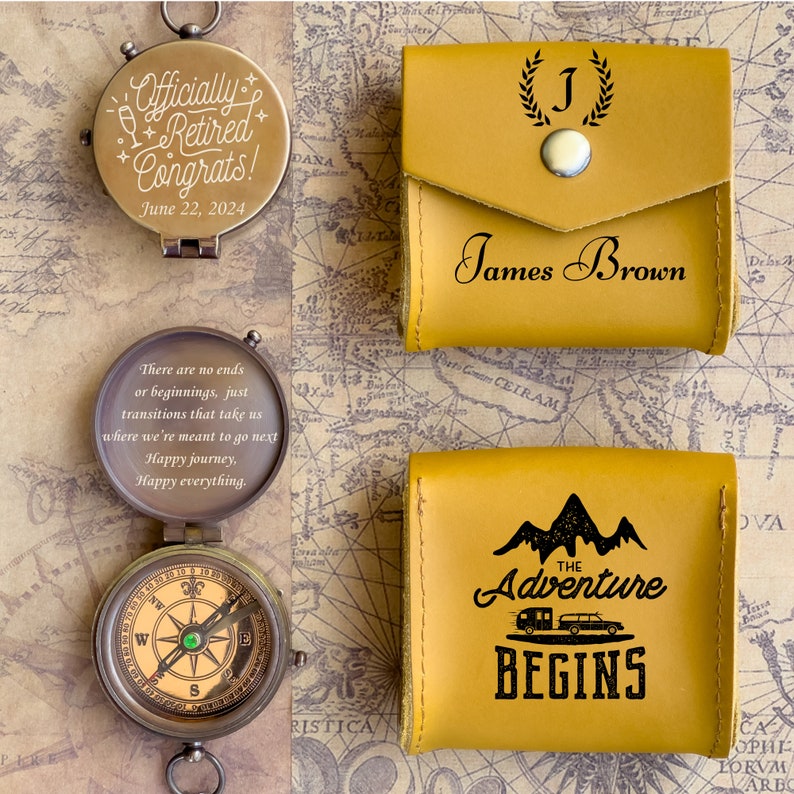 May include: A gold compass with a black inscription that reads "Officially Retired Congrats! June 22, 2024". The compass is open and the inside reads "There are no ends or beginnings, just transitions that take us where we're meant to go next. Happy journey, Happy everything."