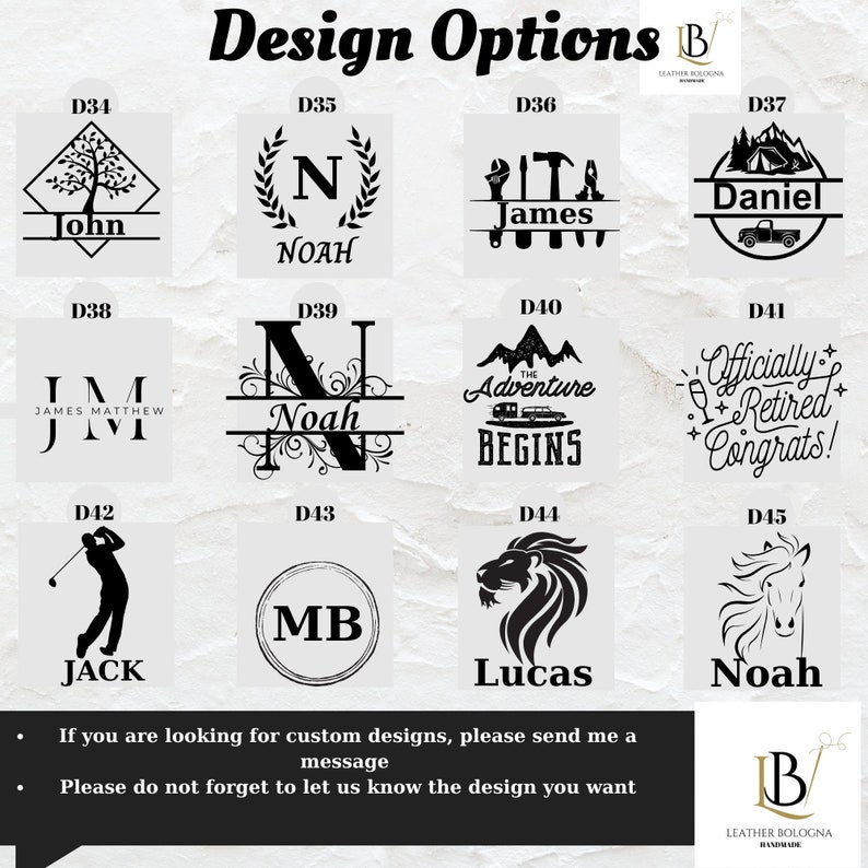 May include: A grid of 12 different design options for personalized leather goods. Each design features a unique graphic, text, and name. The designs include a tree, a letter N, tools, a camping scene, a monogram, a mountain scene, a retirement message, a golfer, a monogram, a lion, a horse, and a name.