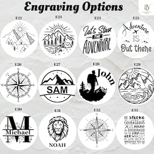 May include: Ten different engraving options for a leather journal. The options include a compass, mountains, a lion, a hiker, and text that says "Let's start the adventure" and "Adventure is out there".