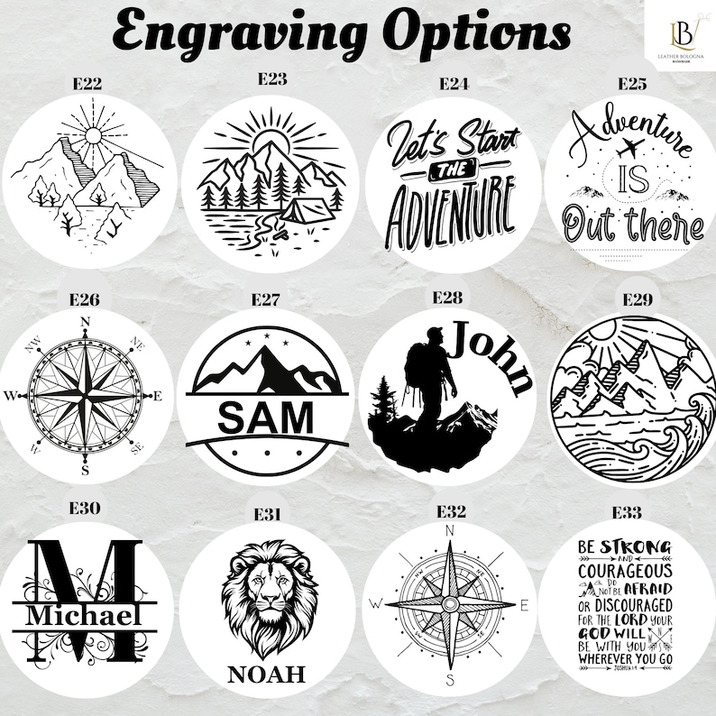 May include: Ten different engraving options for a leather journal. The options include a compass, mountains, a lion, a hiker, and text that says "Let's start the adventure" and "Adventure is out there".