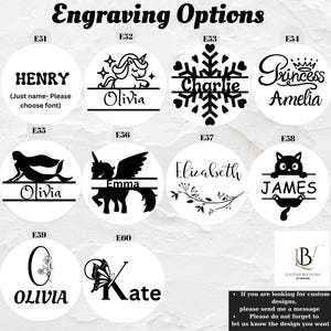 K&ouml;nnte beinhalten: Gravur-Optionen f&uuml;r personalisierte Geschenke. W&auml;hlen Sie aus einer Vielzahl von Designs, darunter ein Einhorn, eine Meerjungfrau, eine Katze, eine Schneeflocke und vieles mehr. Die Designs sind in Schwarzwei&szlig; gehalten und zeigen Namen wie Olivia, Henry, Charlie und James.