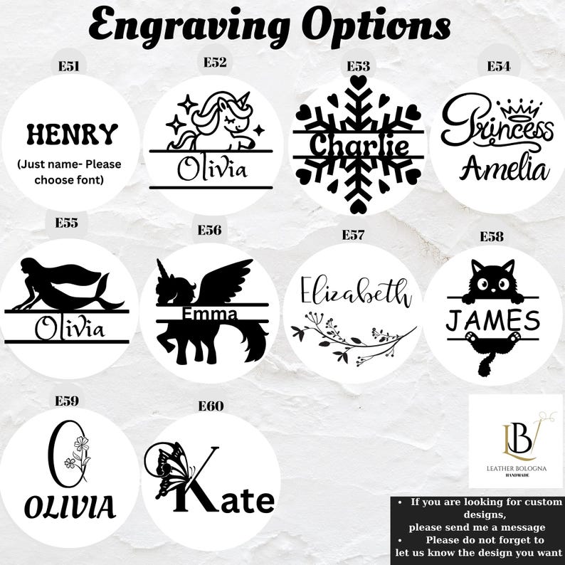 K&ouml;nnte beinhalten: Gravur-Optionen f&uuml;r personalisierte Geschenke. W&auml;hlen Sie aus einer Vielzahl von Designs, darunter ein Einhorn, eine Meerjungfrau, eine Katze, eine Schneeflocke und vieles mehr. Die Designs sind in Schwarzwei&szlig; gehalten und zeigen Namen wie Olivia, Henry, Charlie und James.