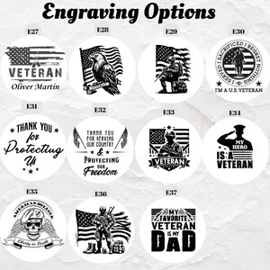 Puede incluir: Un conjunto de 10 dise&ntilde;os redondos grabados en blanco y negro para la personalizaci&oacute;n. Los dise&ntilde;os presentan temas patri&oacute;ticos, incluyendo banderas americanas, &aacute;guilas, soldados y textos como "Veterano", "Gracias por protegernos" y "Mi h&eacute;roe es un veterano".