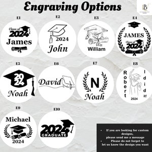May include: A selection of graduation-themed engraving options. Designs include names, the year 2024, graduation caps, diplomas, and laurel wreaths. The text "Engraving Options" is at the top. The image also includes a request for custom designs.