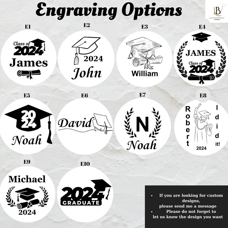 May include: A selection of graduation-themed engraving options. Designs include names, the year 2024, graduation caps, diplomas, and laurel wreaths. The text "Engraving Options" is at the top. The image also includes a request for custom designs.