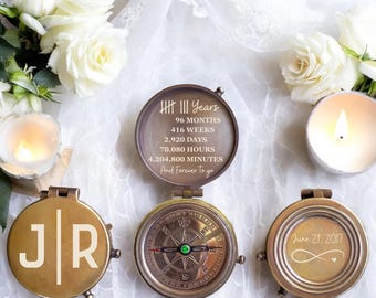 8th Wedding Bronze Anniversary Gift, 8 Tally Mark Compass, Husband Wife Gift, Gifts For Men, Personalized 8 Years Compass, Forever to Go
