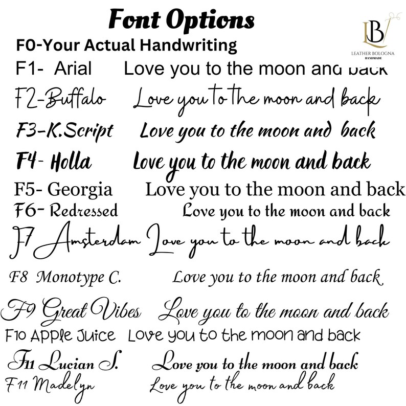 Puede incluir: Una lista de opciones de fuentes para un regalo personalizado. Las fuentes se enumeran con sus nombres y una muestra del texto "Love you to the moon and back" escrito en cada fuente.