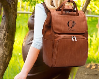 Personalized Brown Vegan Leather Diaper Backpack, Best Diaper Bag Backpack, New Mom Gift, Baby Shower Gifts, Moms Diaper Bag, Hospital Bag