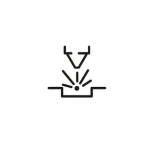 May include: A black line icon depicting a laser cutting or engraving process. The graphic features a downward-pointing nozzle positioned above a flat surface, with radiating lines emanating from a central point to represent the laser beam.