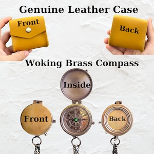 May include: A brass compass with a working needle and a leather case. The compass has a front, back, and inside view. The case is yellow leather with the words "Front" and "Back" printed on it.
