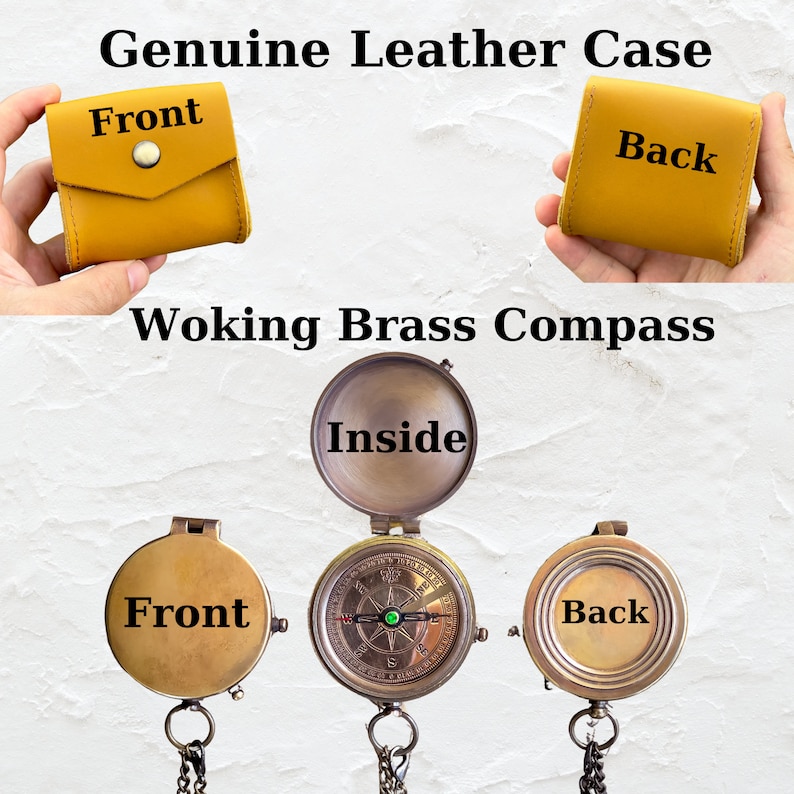 May include: A brass compass with a working needle and a leather case. The compass has a front, back, and inside view. The case is yellow leather with the words "Front" and "Back" printed on it.