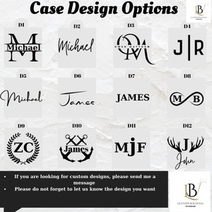 May include: Image showcasing various case design options, including initials, names, and symbols. The designs are displayed on a light background, with text such as "Michael," "James," and initials. The image also includes the text "Case Design Options."
