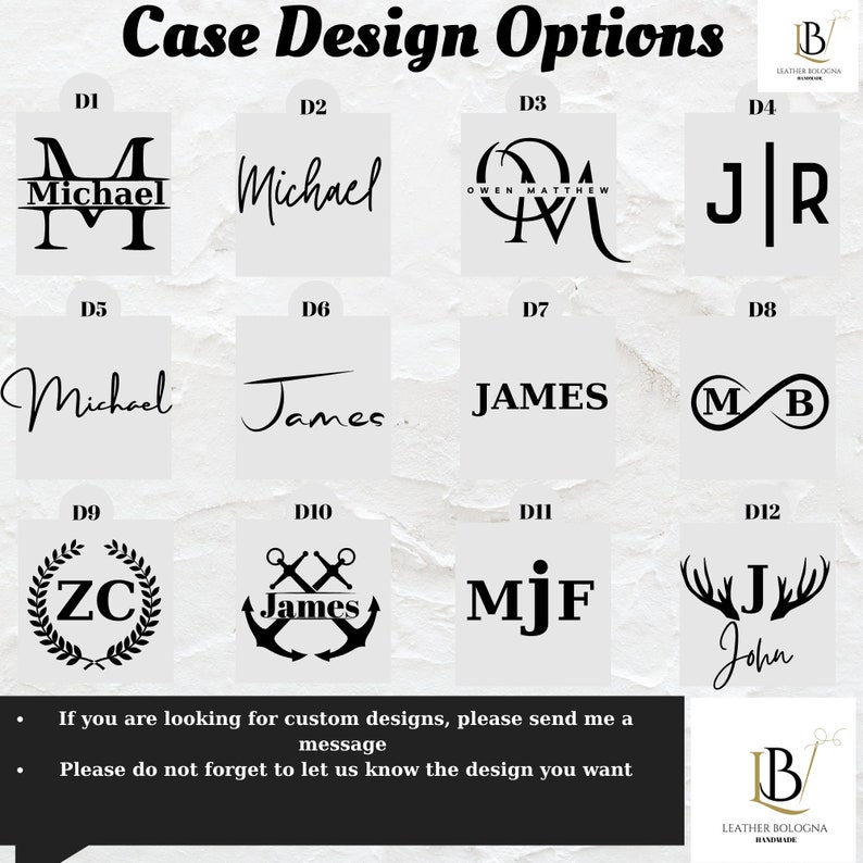 May include: Image showcasing various case design options, including initials, names, and symbols. The designs are displayed on a light background, with text such as "Michael," "James," and initials. The image also includes the text "Case Design Options."
