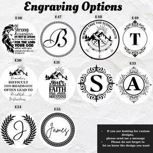 May include: A white background with black and white images of different engraving options for a round wooden sign. The options include a lion, a compass, a mountain, a letter B, a letter T, a letter S, a letter A, a letter J, and the word "James". The text "Engraving Options" is at the top of the image. The text "If you are looking for custom designs, please send me a message. Please do not forget to let us know the design you want." is at the bottom of the image.